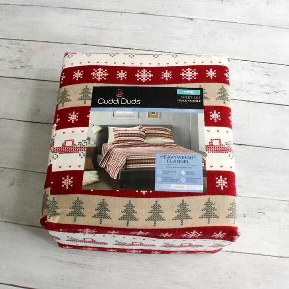 Cuddl Duds Heavyweight Flannel Sheet Set Twin Size Holiday Christmas Trucks - Picture 1 of 5